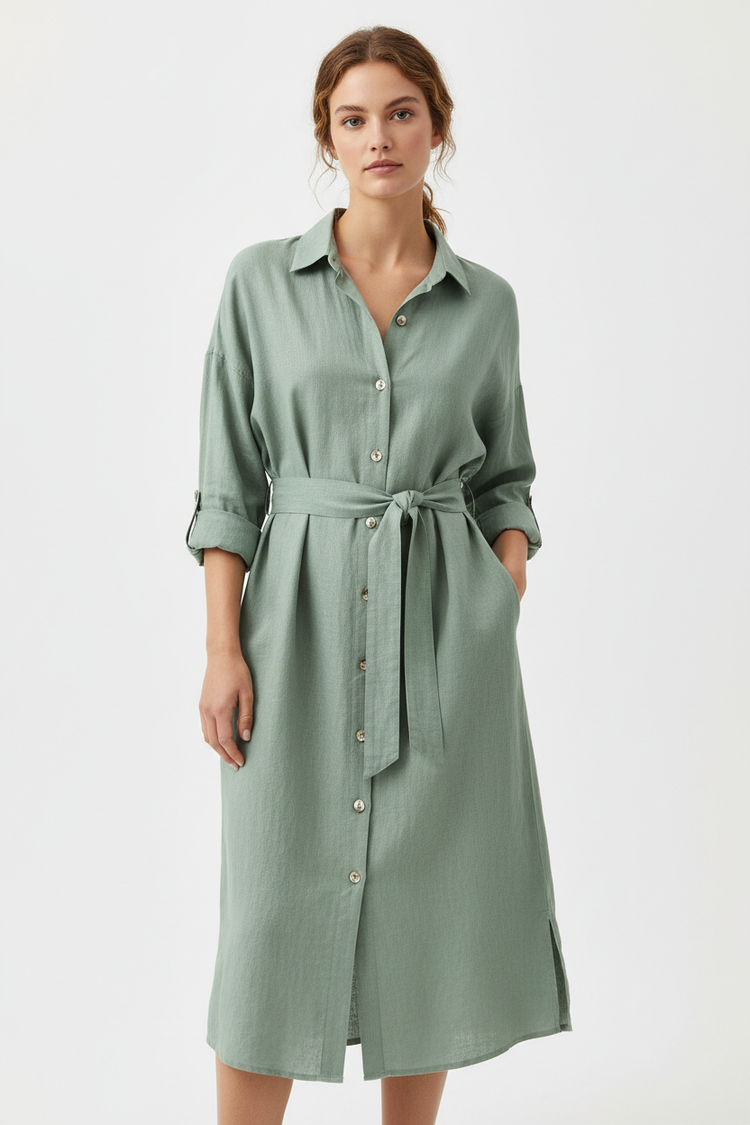 linen shirt dress for women Sage green linen button-down shirt dress with belted waist