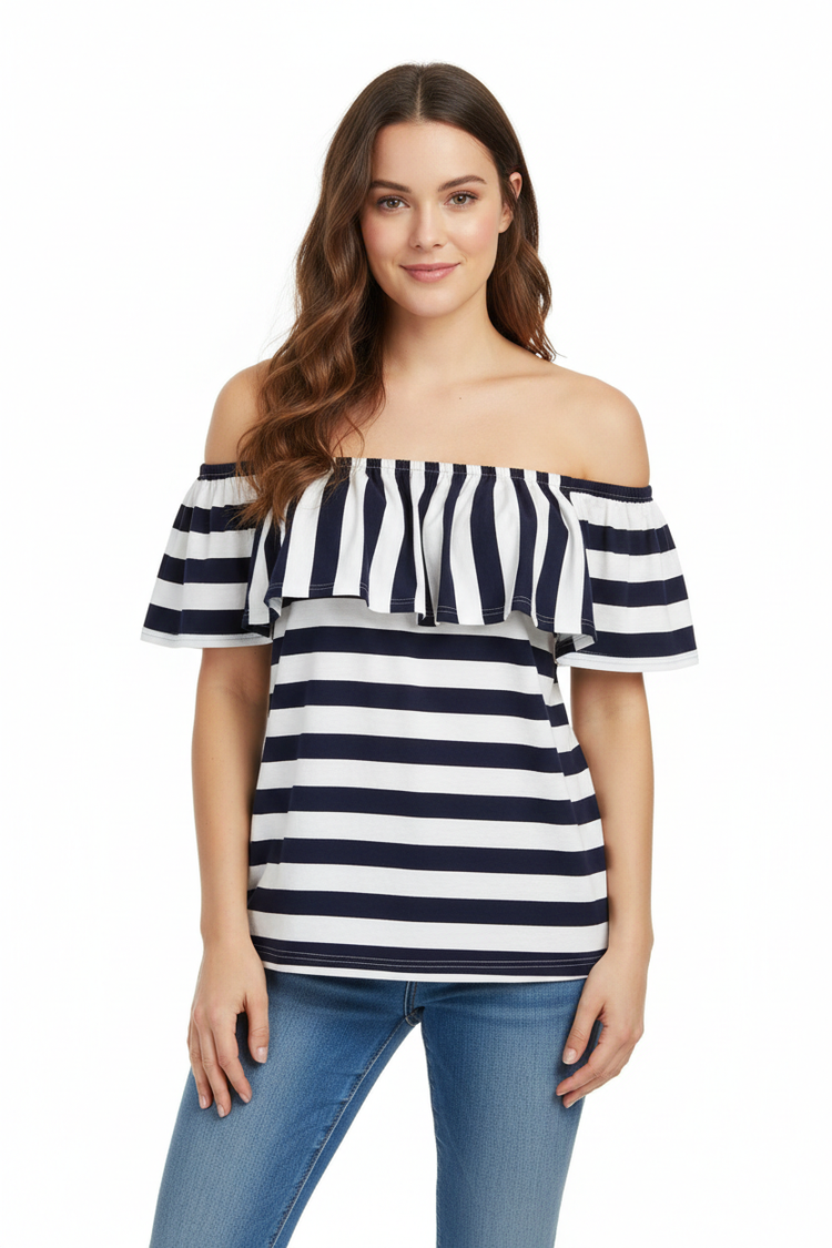 Navy and white striped off-shoulder ruffle top