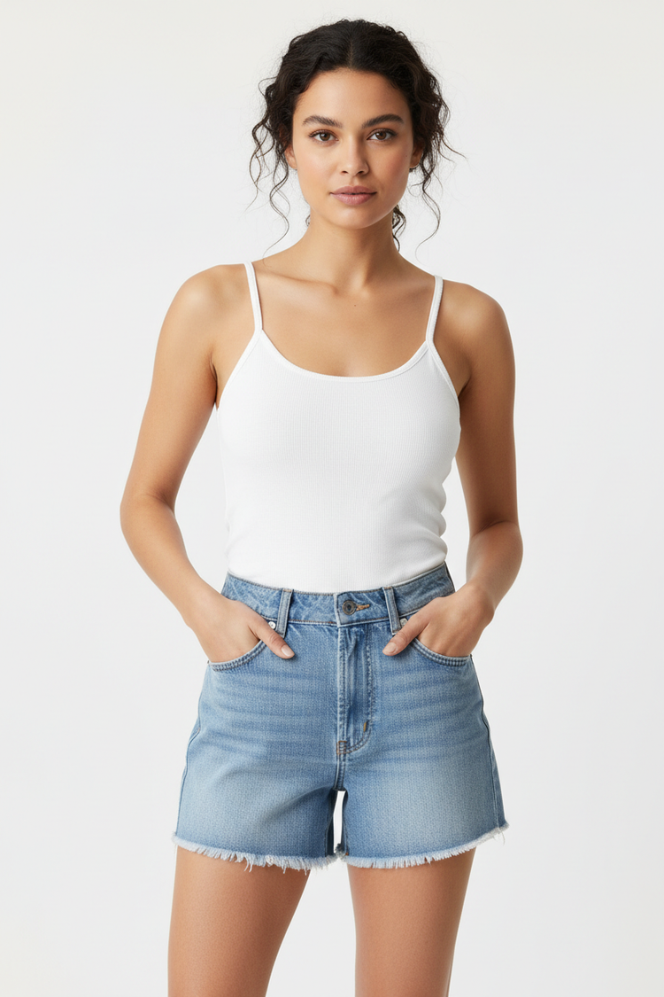 Denim Shorts & White Tank Top Set High-waist denim shorts and white fitted tank top set