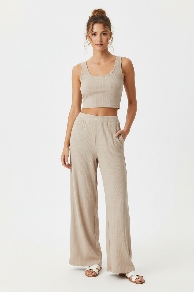 Ribbed Crop Top & Wide-Leg Pants Set Ribbed Crop Top and Wide-Leg Pants Set in beige