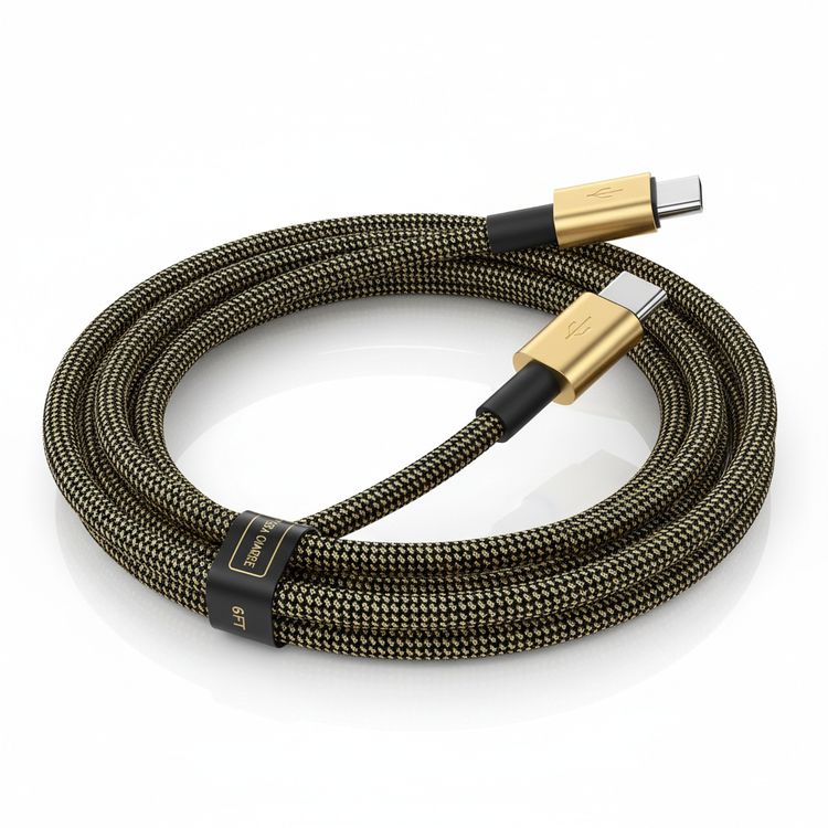 BraidedCharge USB-C Fast Charging Cable 6ft BraidedCharge nylon braided USB-C fast charging cable 6ft in black and gold