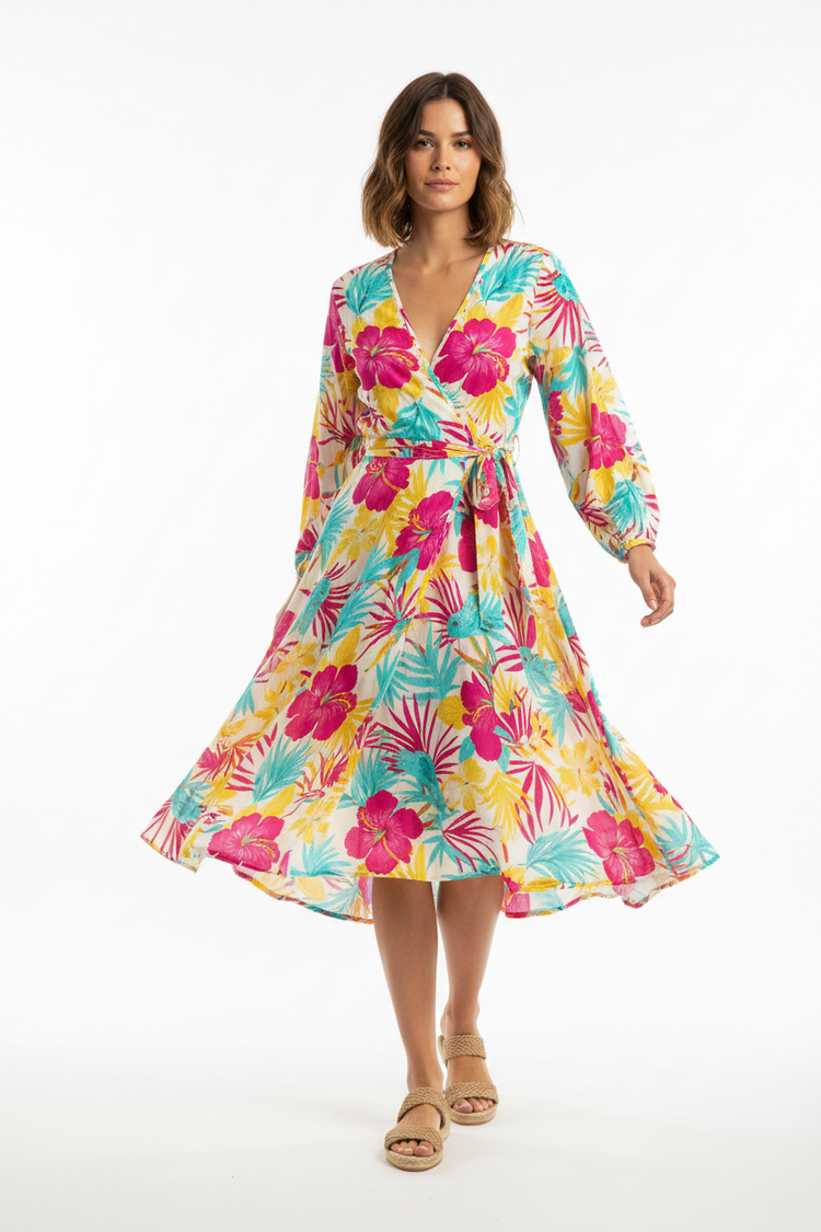 Tropical Floral Wrap Dress