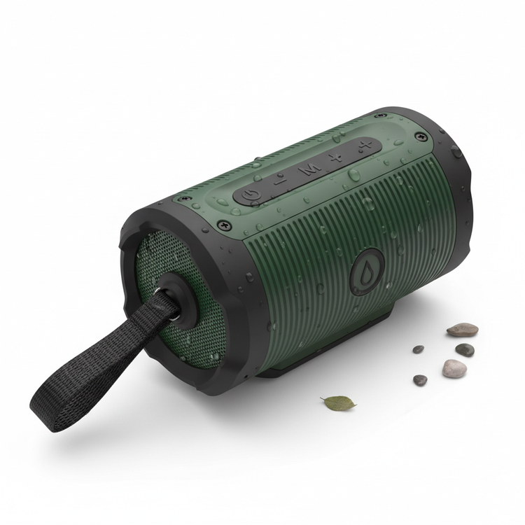 RugedBoom waterproof Bluetooth speaker in dark green and black rugged design