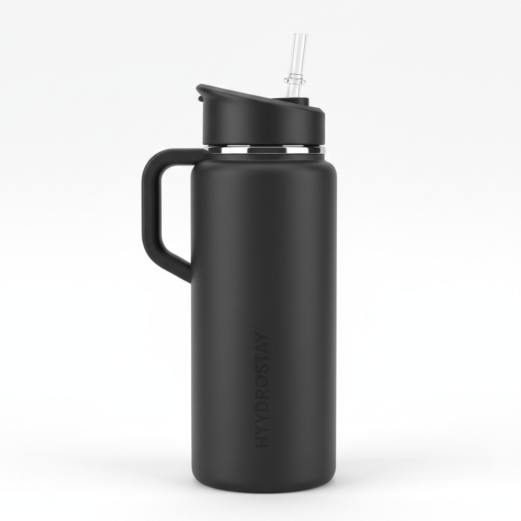 HydroMax 40oz Insulated Water Bottle HydroMax 40oz matte black insulated water bottle with straw lid and handle