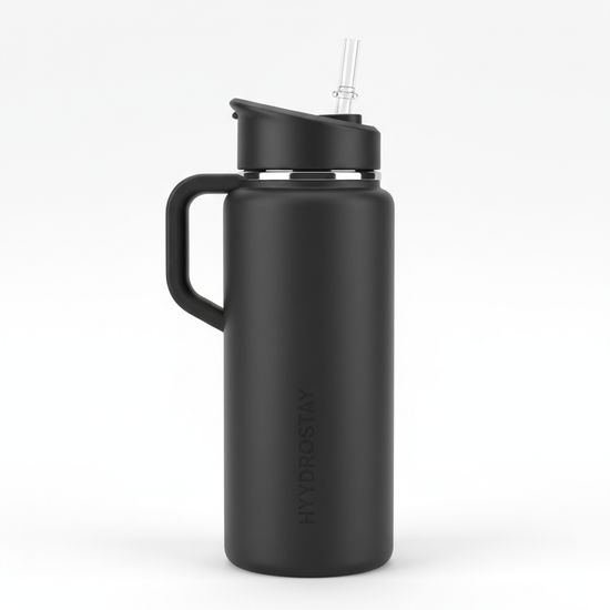 HydroMax 40oz Insulated Water Bottle HydroMax 40oz matte black insulated water bottle with straw lid and handle