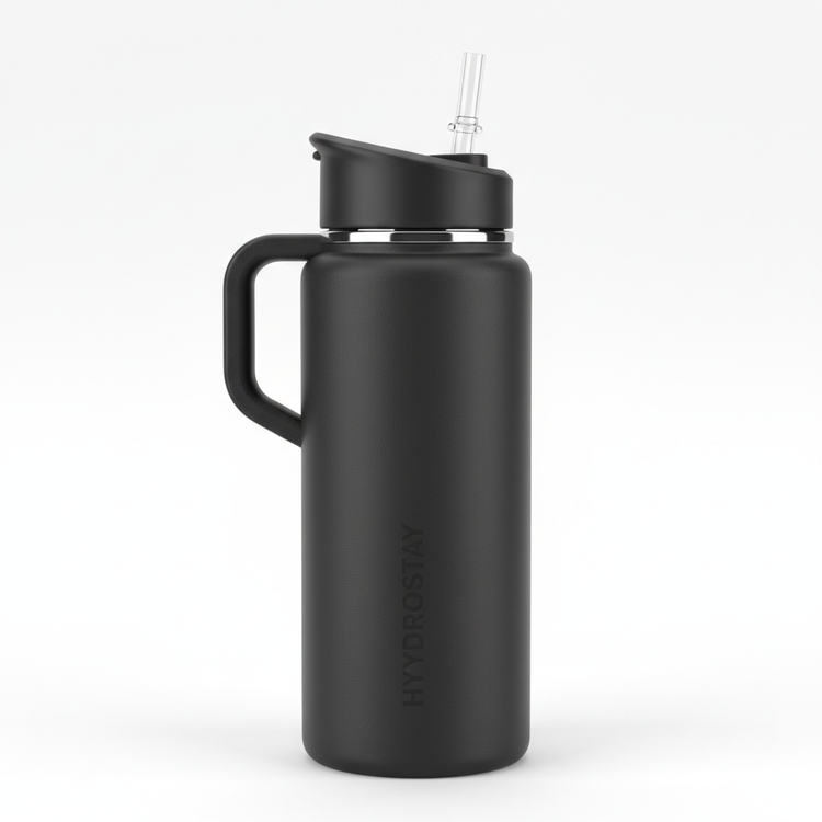 HydroMax 40oz Insulated Water Bottle HydroMax 40oz matte black insulated water bottle with straw lid and handle