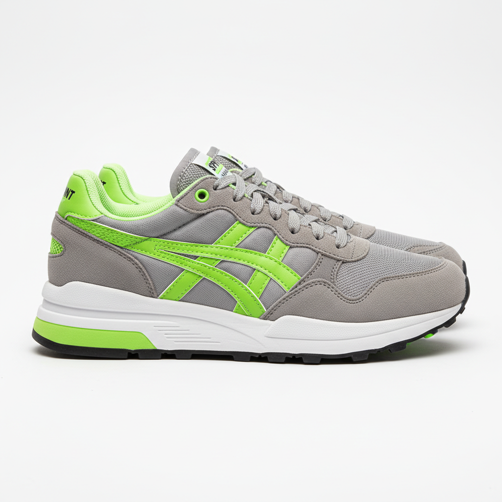 Men's grey and neon green retro runner sneaker on white background