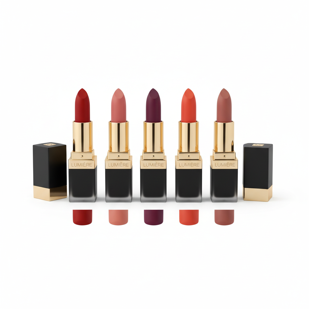 Women's matte lipstick collection in 6 shades on white background