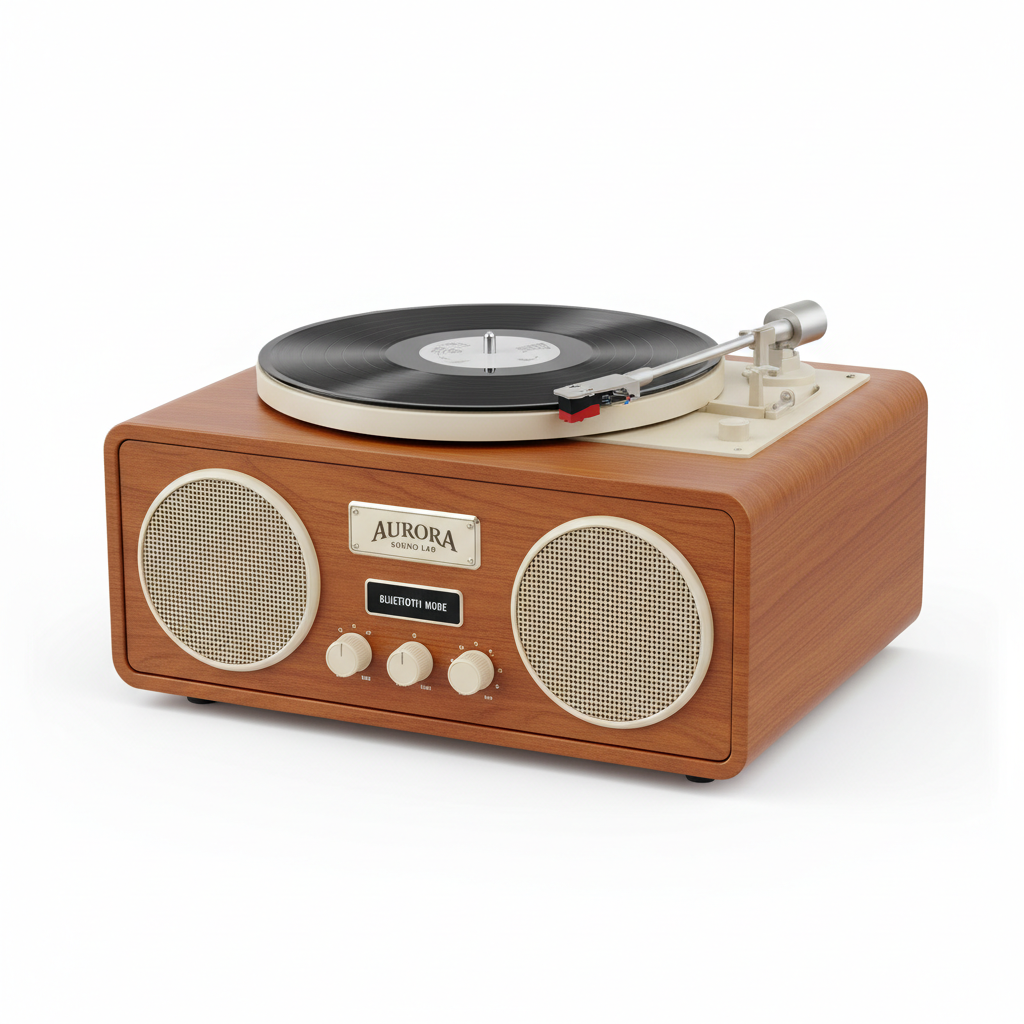 RetroSpin Bluetooth turntable record player in vintage wood finish with built-in speakers