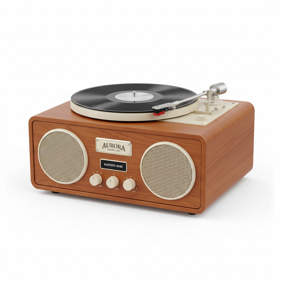 RetroSpin Bluetooth turntable record player in vintage wood finish with built-in speakers