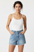 Denim Shorts & White Tank Top Set High-waist denim shorts and white fitted tank top set