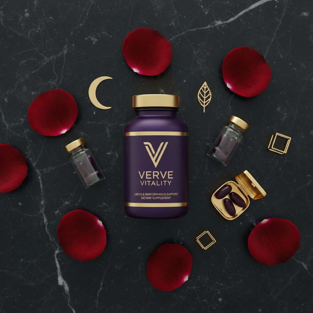 Sexual wellness vitamin supplement flat lay on dark marble with rose petals
