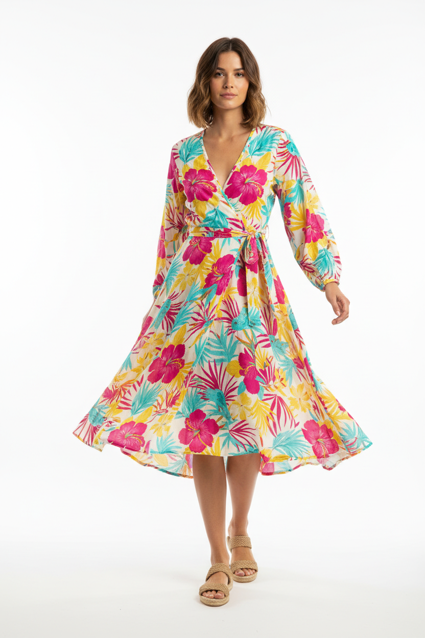 Tropical Floral Wrap Dress