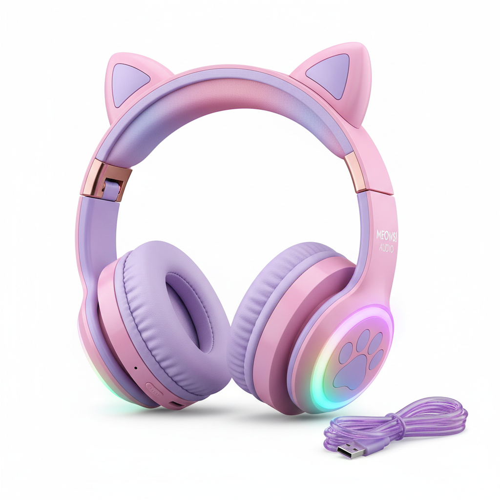KiddyBeat kids Bluetooth headphones in pink and purple with cat ears