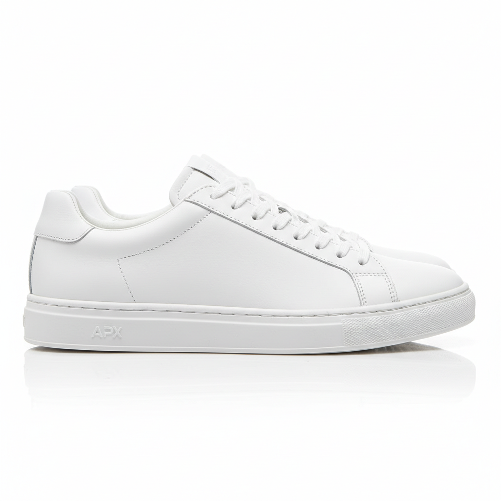 Men's white low top leather sneaker on white background